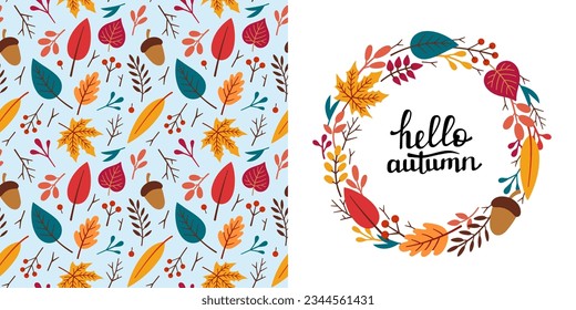 Hand drawn Autumn wreath for designing baby clothes. Postcard with autumn elements and fall seamless pattern. Cartoon Bohemian nursery print. Kids design texture for pajamas. Vector illustration