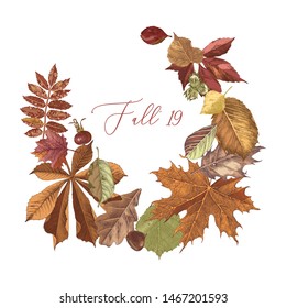 Hand drawn autumn wreath with type design - fall 2019. Vector illustration in retro style