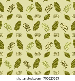 Hand drawn autumnal leaves seamless pattern in green colors V.3