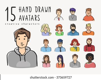 Hand drawn avatars set of different characters. Business people and teenagers portrate illustration for creative community or social networks