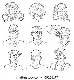 Hand drawn avatars set with four women five men including painter and worker isolated vector illustration 