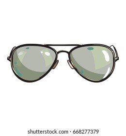 Hand drawn aviator sunglasses in metal frame with green lenses, sketch style vector illustration isolated on white background. Realistic isolated hand drawing of green aviator sunglasses, front view