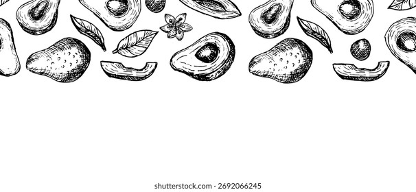 Quadro de borda de abacate desenhado à mão, ilustração vetorial botânica vintage com folhas e frutas, perfeito para embalagem de óleo de abacate, design de menu, rótulos cosméticos, cartões, modelo de comida saudável tropical.