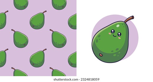 Hand drawn Avocado in doodle style for designing baby clothes. Postcard with Avocado and seamless pattern. Cartoon Bohemian nursery print. Kids design texture for pajamas. Vector illustration.