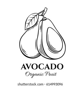 Hand drawn avocado icon. Vector badge fruit in the old ink style for brochures, banner, restaurant menu and market