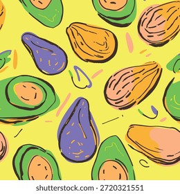 Abacate desenhado à mão e castanhas padrão sem costura em estilo colorido de desenhos animados, perfeito para embalagens de alimentos, impressões têxteis, papéis de parede, branding e projetos de design infantil