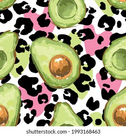 Hand drawn Avocado Seamless pattern vector illustration background Leopard print, Tropical Trend Design Print For Summer