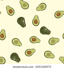 Hand drawn avocado seamless pattern, Vector sketch of whole avocado and cut in half randomly placed on a light green background