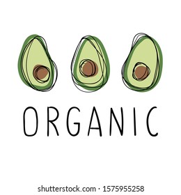 Hand drawn avocado sketch on a white background with eco slogan. Fresh organic. Vector illustration with fruit. Perfect as print for t-shirt, bag, card and other.