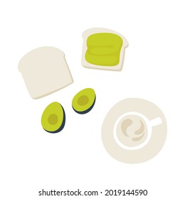 Hand drawn avocado toasts with avocado cut in half and cup of latte coffee. Trendy Avocado healthy breakfast with coffee. Vector illustration in modern style.