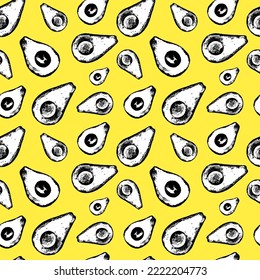 Hand drawn avocado vector seamless pattern. Artistic avocado on a yellow background. Fabric print. Textiles for the kitchen. Food. Ingredient.