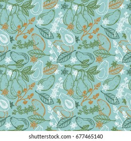 Hand drawn Avocados Vector Seamless pattern. Branches with leaves and fruit. Blossoming Avocado. Leaves, Flowers, Tropical Fruits. Floral background