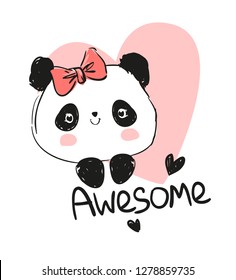 Hand Drawn Awesome Panda bear and heart. Cute cartoon character. Children print on t-shirt.  Vector Illustration. Valentine's Day card.