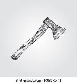 Hand Drawn Ax Sketch Symbol isolated on white background. Vector camping elements art highly detailed In Sketch Style. Sketched Ax vector illustration.