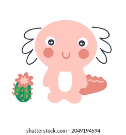 Hand drawn axolotl with cactus. Perfect for T-shirt, textile and prints. Cartoon style vector illustration for decor and design.


