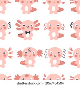 Hand drawn axolotls seamless pattern. Perfect for T-shirt, textile and prints. Cartoon style vector illustration for decor and design.


