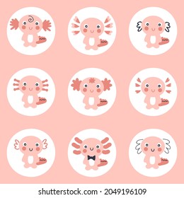 Hand drawn axolotls stickers collection. Perfect for instagram story highlight. Cartoon style vector set of nine cute reptiles illustration.

