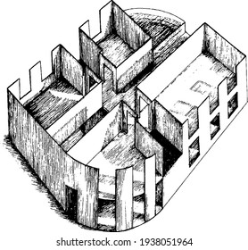 modelo axonométrico dibujado a mano de una casa. ilustración esquemática en blanco y negro de una sección del segundo piso. Esbozo de concepto de la arquitectura de perspectiva. Ideas de vivienda residencial. 6.º oscilación 