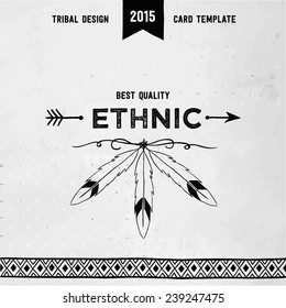 Hand drawn aztec style feathers. Tribal design logo template. Vector illustration.