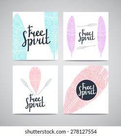 Hand drawn aztec style feathers. Tribal design invitation cards template. Vector illustration.