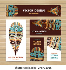 Hand drawn aztec style feathers. Tribal design invitation and business cards template. Vector illustration.