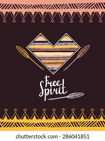 Hand drawn aztec style heart. Tribal design invitation card template. Vector illustration.