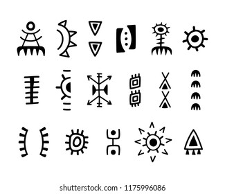 Hand drawn Aztec symbols. Abstract black and white geometric African ornament elements set. Vector illustration.