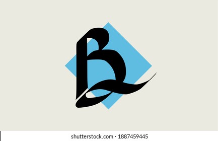 Hand drawn B letter vector logo template. blue diamond highlight. isolated white alphabet logotype