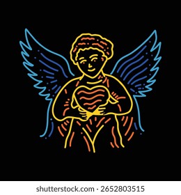Anjo bebê desenhado à mão segurando um coração e tendo asas ilustração vetor