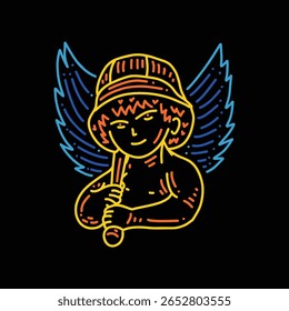 Anjo de bebê desenhado à mão segura uma vara e tem asas ilustração vetor