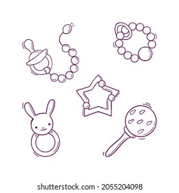 Hand drawn baby black and white toys, rattles, pacifier
