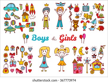Hand drawn baby boy and girl toys set. Doodle children drawing. Elements from a child's life. Vector illustration