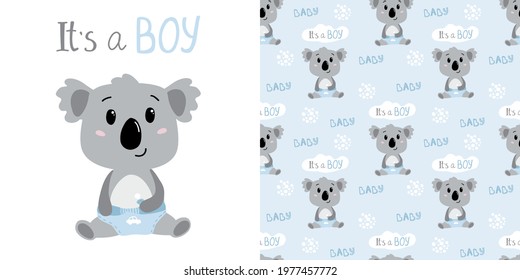 Hand drawn baby boy koala in diapers. Childish seamless pattern with koala character. Vector illustration