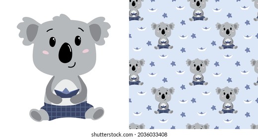 Hand drawn baby boy koala in diapers. Childish seamless pattern with koala character. Vector illustration