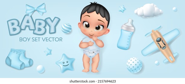Hand Drawn Baby Boy Set. Cartoon Doll Isolated On Blue Background, Ribbon Bow Feeding Bottle, Booties, Toy Airplane, Ornament Balls, Cloud Realistic Vector Illustration
