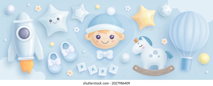 Hand drawn baby boy shower set. Realistic vector illustration of cartoon baby boy, helium balloons, rocket, hot air balloon and flowers isolated on blue background - Shutterstock ID 2027986409
