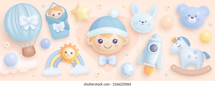 Hand drawn baby boy shower set. Realistic vector illustration of cartoon baby boy, helium balloons, rocket, hot air balloon, horse, bear and bunny isolated on beige background