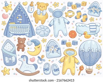 Hand Drawn Baby Boy Shower Set Stock Vector (Royalty Free) 2167662413 ...