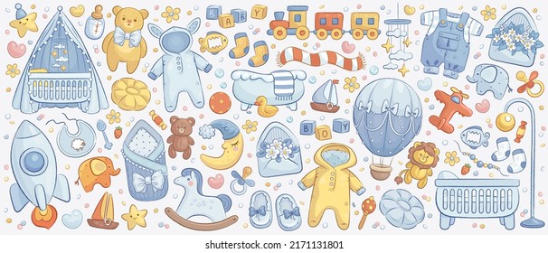 Hand drawn baby boy shower set. Vector illustration of cartoon toys, clothes and flowers isolated on white background