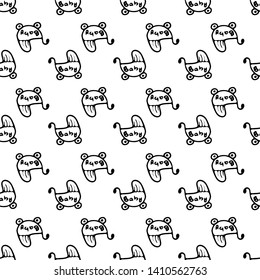 Hand drawn baby carriage doodle. Sketch children's toy icon. Decoration element. Isolated on white background. Vector illustration.