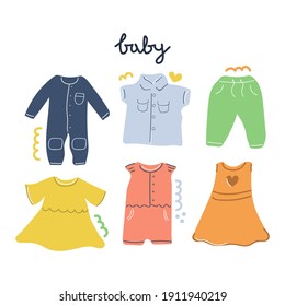 Hand drawn baby clothes. Flat illustration.