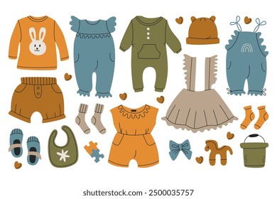 Hand drawn baby clothes, headwear, socks and shoes footwear fashion garment collection isolated on white background. Stylish children wear, casual newborns attire design set vector illustration