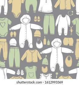 Hand drawn baby clothing. Vector seamless pattern