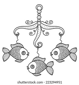 Hand drawn Baby Crib Hanging Mobile Toy with Fishes. Vector Sketch