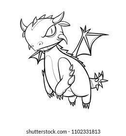 Hand Drawn Baby Dragon Character. Black and white sketch version without color.