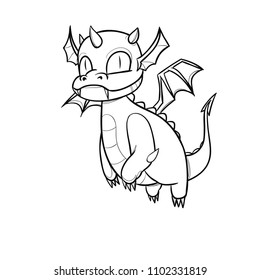 Hand Drawn Baby Dragon Character. Black and white sketch version without color.