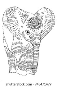 Hand drawn baby Elephant. Sketch for anti-stress adult coloring book in zen-tangle style. Vector illustration  for coloring page.