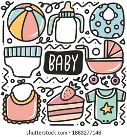 hand drawn baby equipment doodle set with icons and design elements