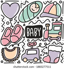 hand drawn baby equipment doodle set with icons and design elements