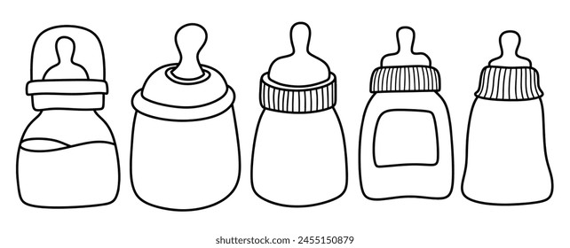 Hand drawn baby feeding bottle and pacifier set isolated on white background.